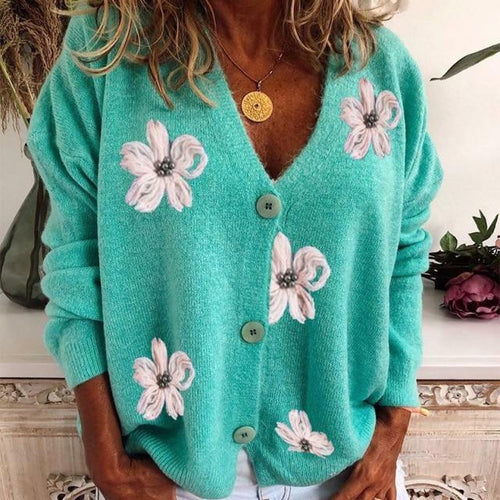 Adalyn - Women's Embroidered Floral Button-Front Cardigan