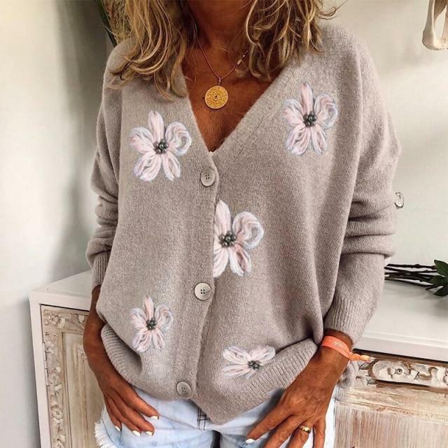 Adalyn - Women's Embroidered Floral Button-Front Cardigan