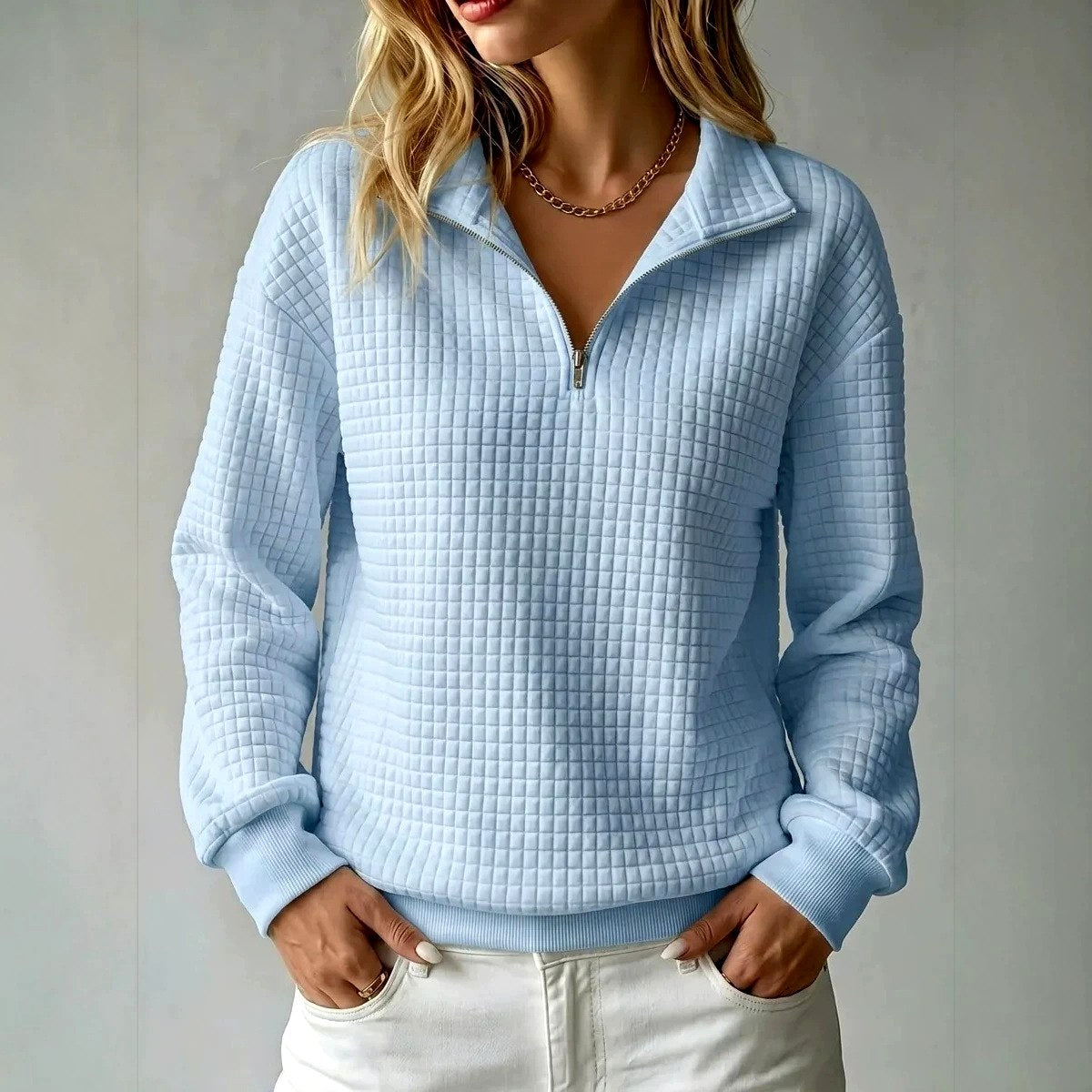 Adelle - Women's Waffle Textured Half-Zip Loose Sweatshirt 2
