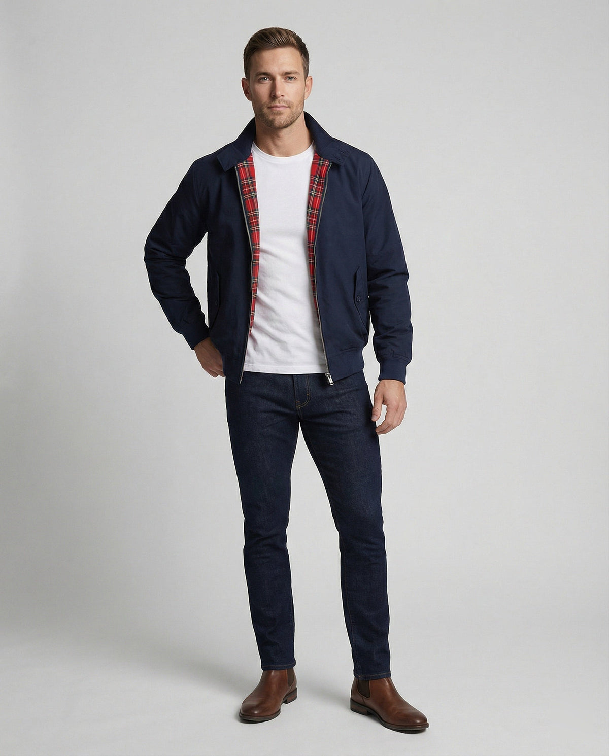 Aljon - Men's Zip-Front Harrington Jacket with Tartan Lining