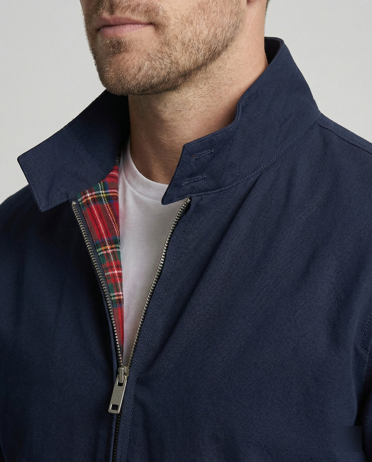 Aljon - Men's Zip-Front Harrington Jacket with Tartan Lining