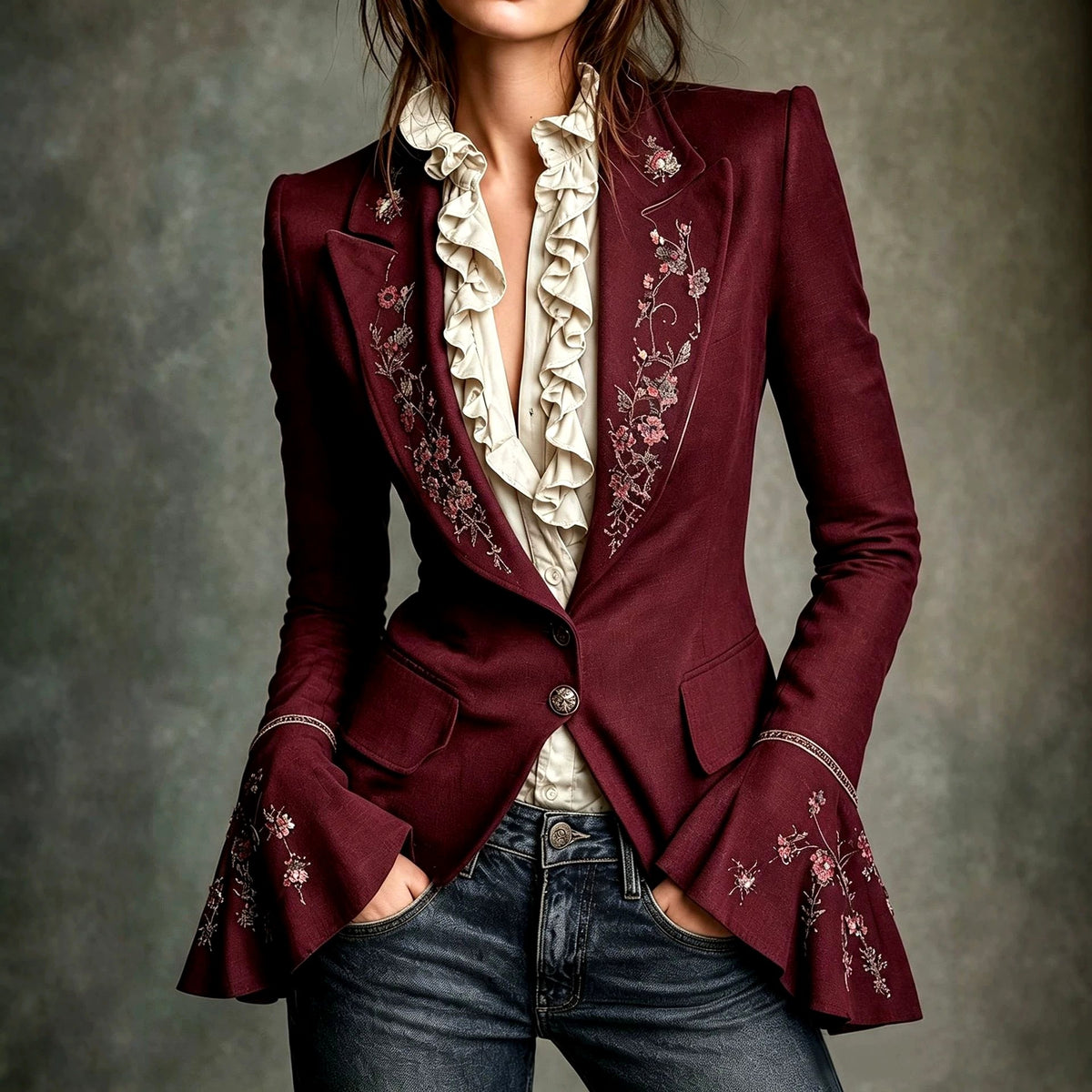 Alma - Women's Floral Embroidered Bell Sleeve Blazer 2