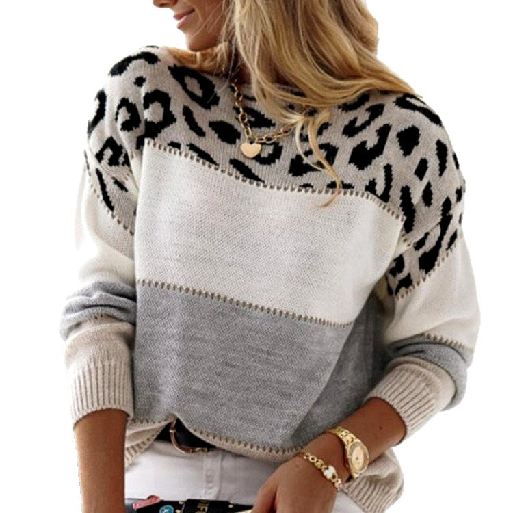 Amanda - Women's Leopard Pattern Color Block Knit Sweater 6
