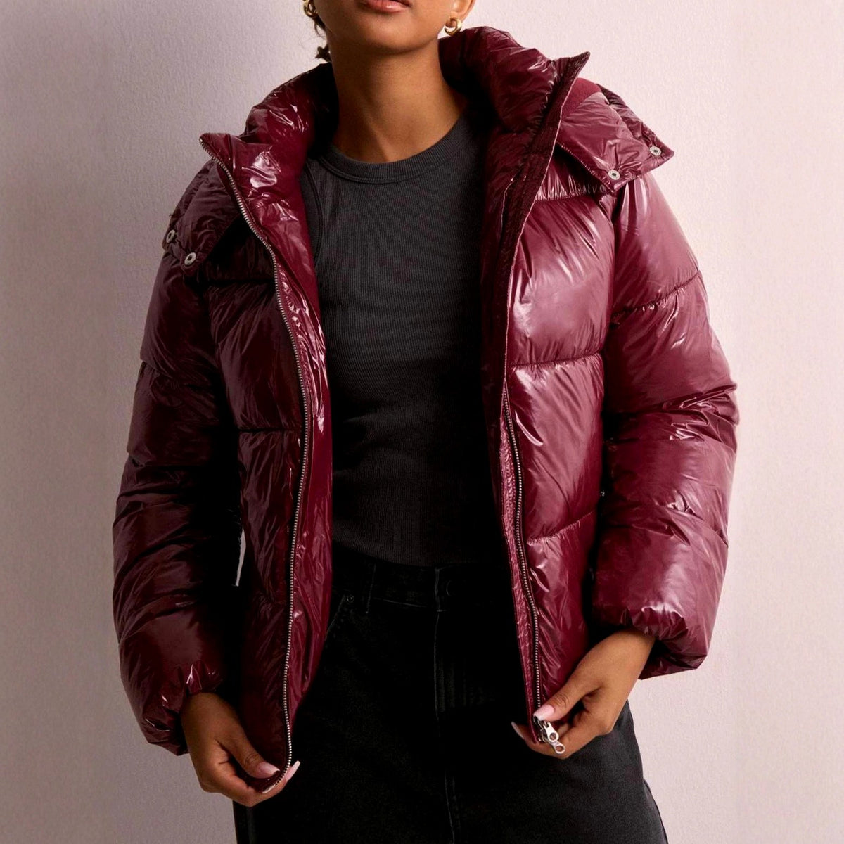 Amara - Women's Glossy Hooded Zip-Up Puffer Jacket 6