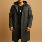 Anthony - Men's Long Hooded Snap-Button Rain Jacket