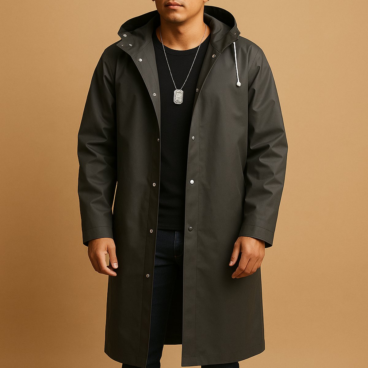 Anthony - Men's Long Hooded Snap-Button Rain Jacket