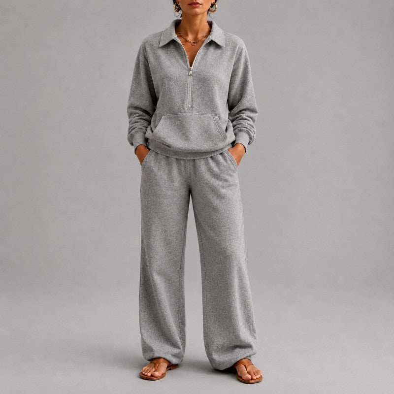 Aubree - Women's Collared Sweatshirt & Wide-Leg Pants Set 2