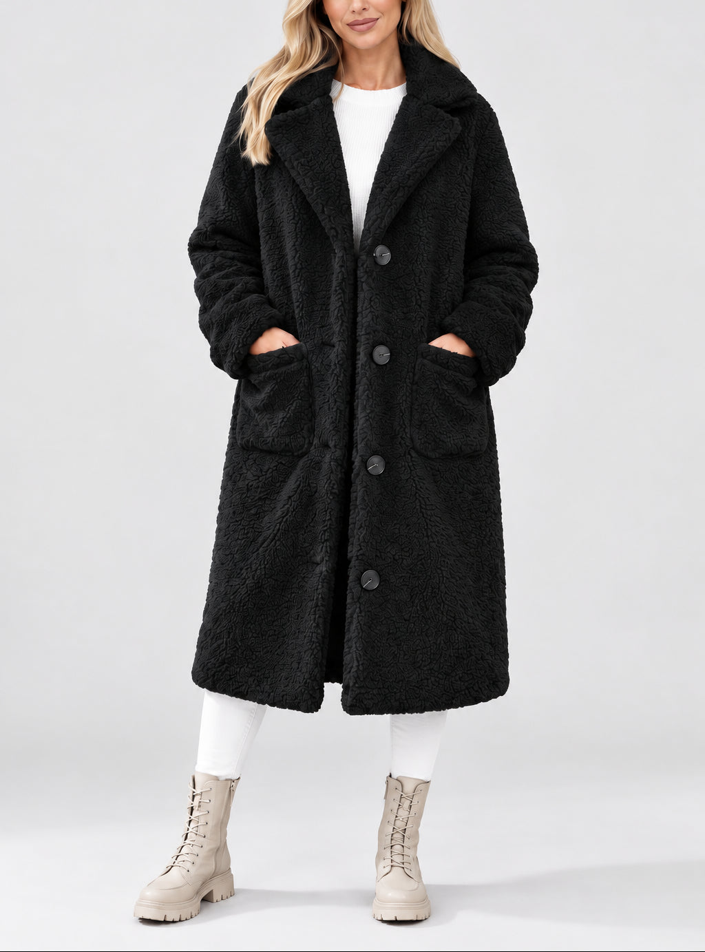 Aurelia - Women's Button-Front Teddy Coat with Notch Lapels