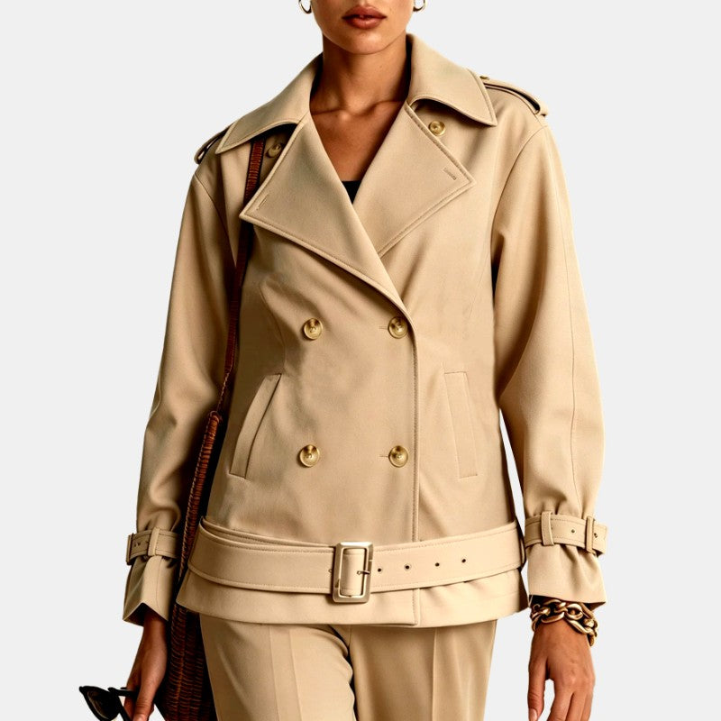 Aveline - Women's Double-Breasted Belted Short Trench Coat 1