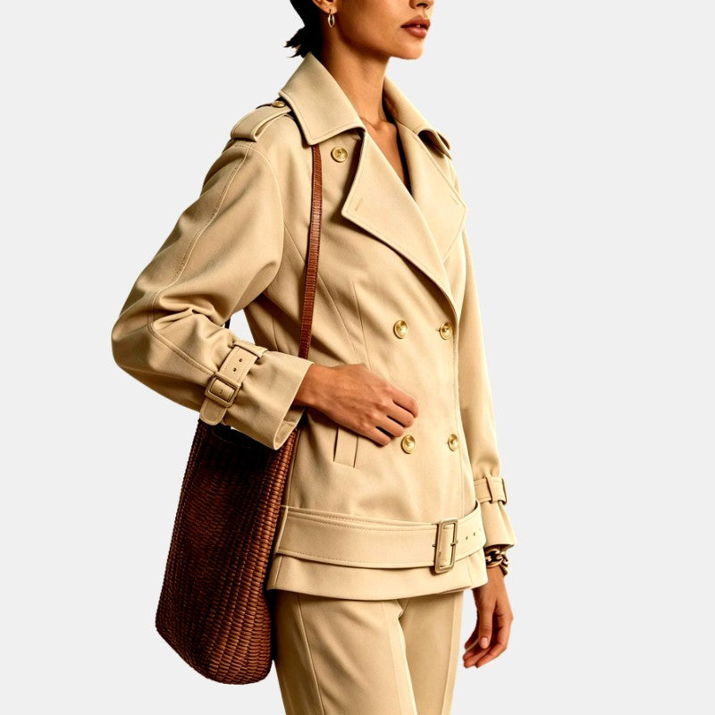 Aveline - Women's Double-Breasted Belted Short Trench Coat 2