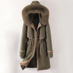 Aviana - Women's Long Parka Jacket with Faux-Fur Hood and Cinched Waist