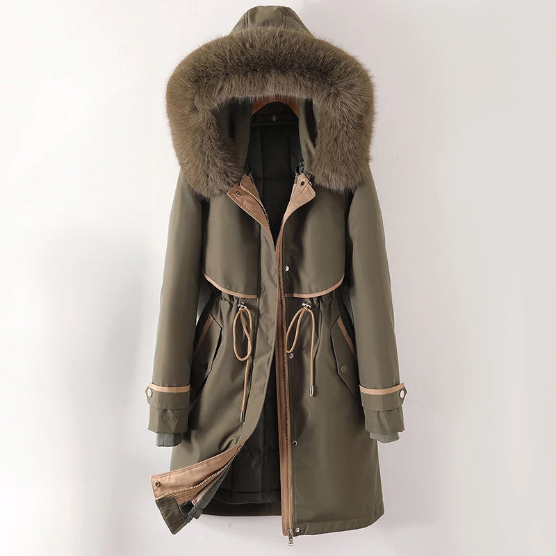 Aviana - Women's Long Parka Jacket with Faux-Fur Hood and Cinched Waist