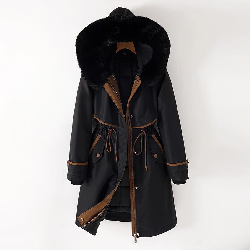 Aviana - Women's Long Parka Jacket with Faux-Fur Hood and Cinched Waist