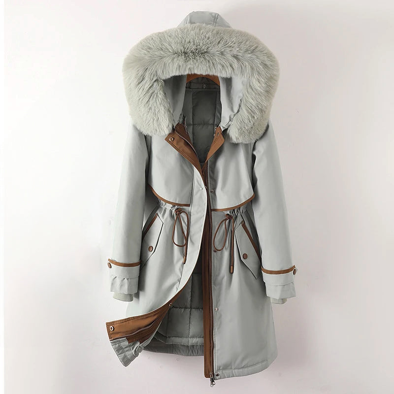 Aviana - Women's Long Parka Jacket with Faux-Fur Hood and Cinched Waist