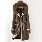 Aviana - Women's Long Parka Jacket with Faux-Fur Hood and Cinched Waist