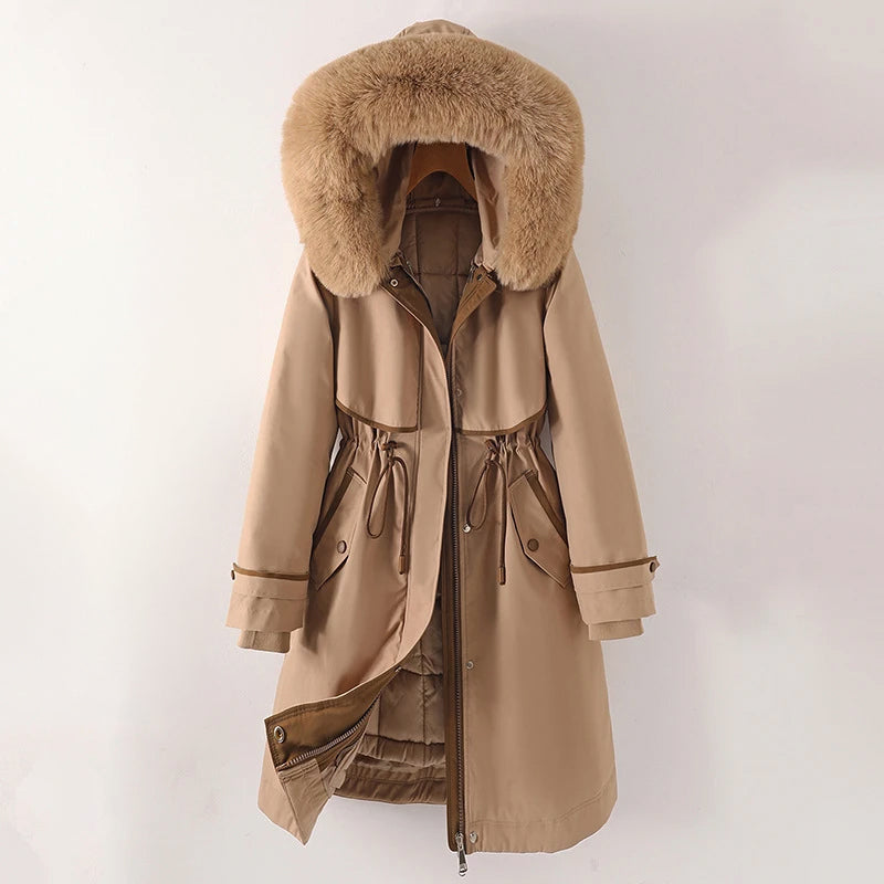 Aviana - Women's Long Parka Jacket with Faux-Fur Hood and Cinched Waist
