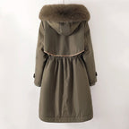 Aviana - Women's Long Parka Jacket with Faux-Fur Hood and Cinched Waist