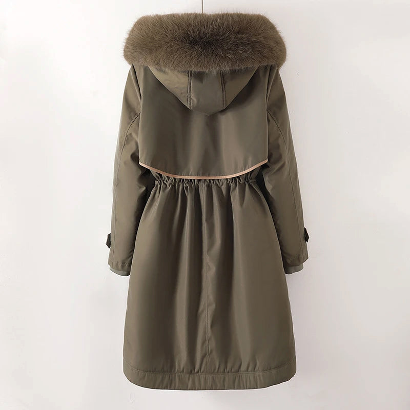 Aviana - Women's Long Parka Jacket with Faux-Fur Hood and Cinched Waist