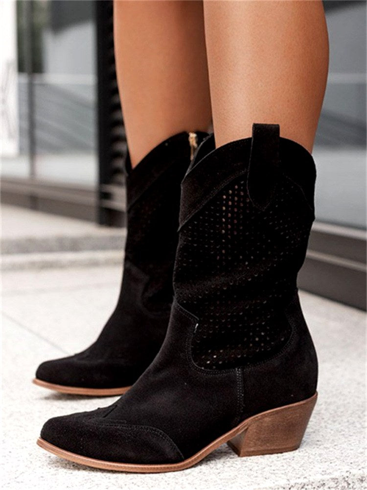 Barbara - Women’s Suede Look Perforated Heeled Boots 3