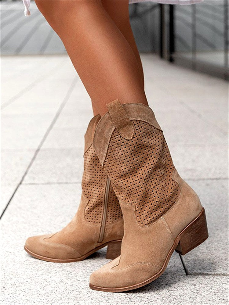 Barbara - Women’s Suede Look Perforated Heeled Boots 5