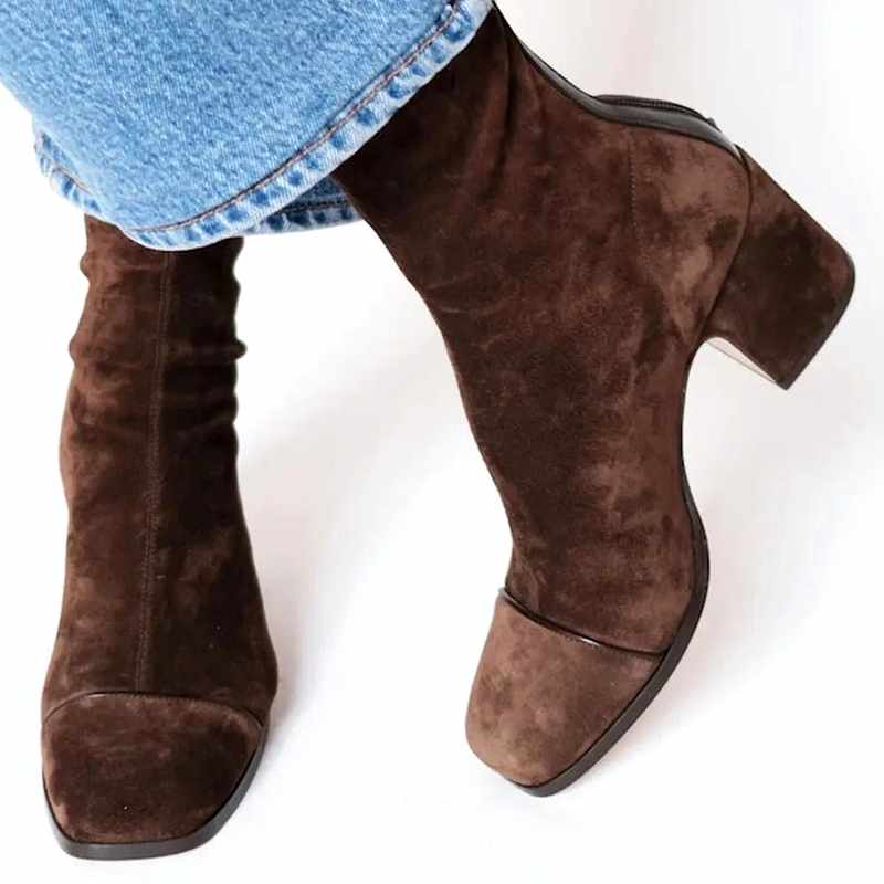 Bess - Women's Suede Square Toe Block Heel Boots