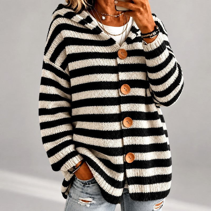 Bree - Women's Striped Button Front Hooded Cardigan 1