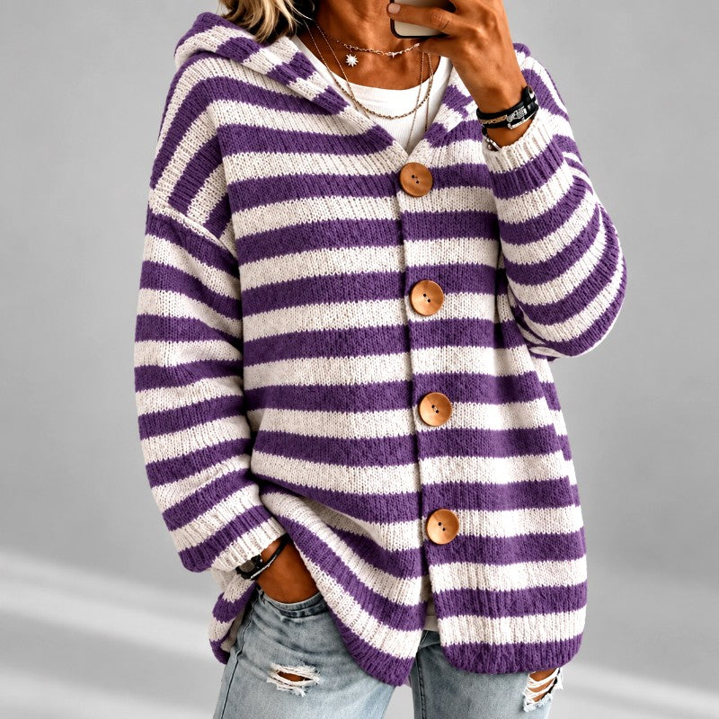 Bree - Women's Striped Button Front Hooded Cardigan 5