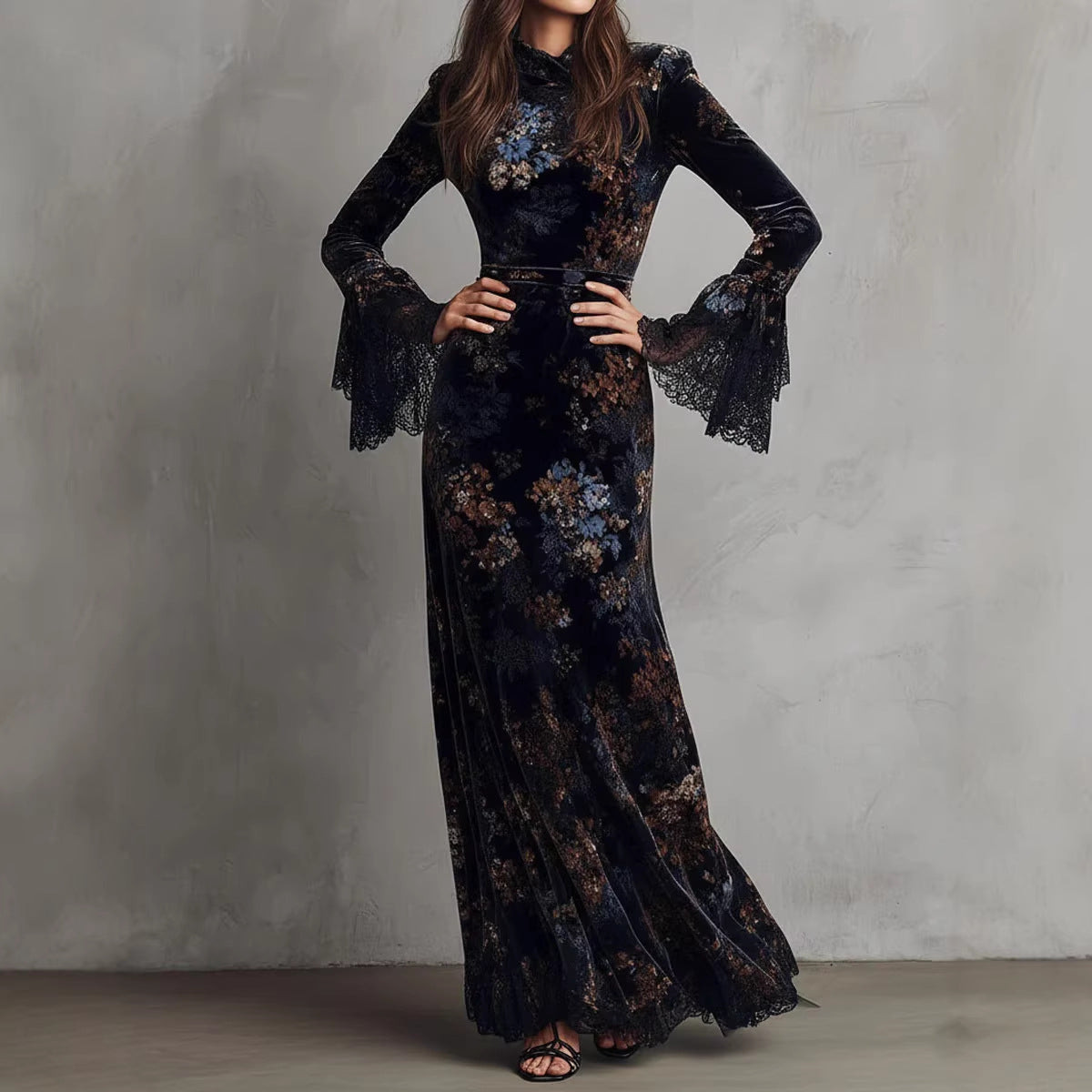 Carmel - Women's Floral Velvet Lace Sleeve Evening Dress 1