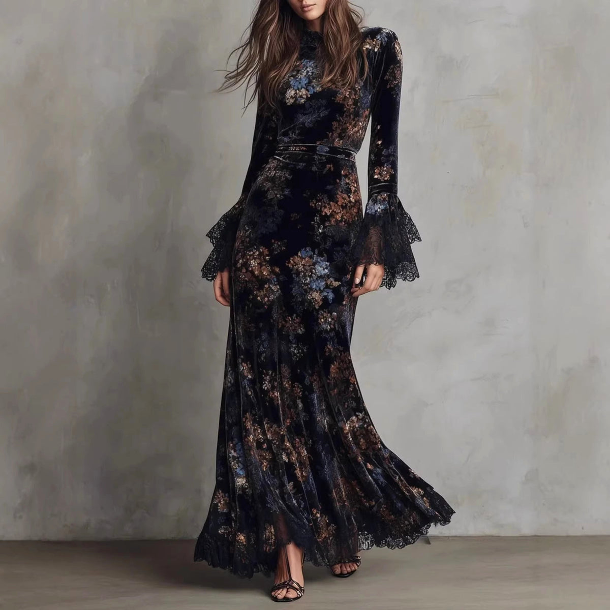 Carmel - Women's Floral Velvet Lace Sleeve Evening Dress 2