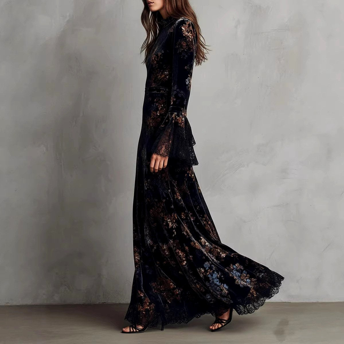 Carmel - Women's Floral Velvet Lace Sleeve Evening Dress 4