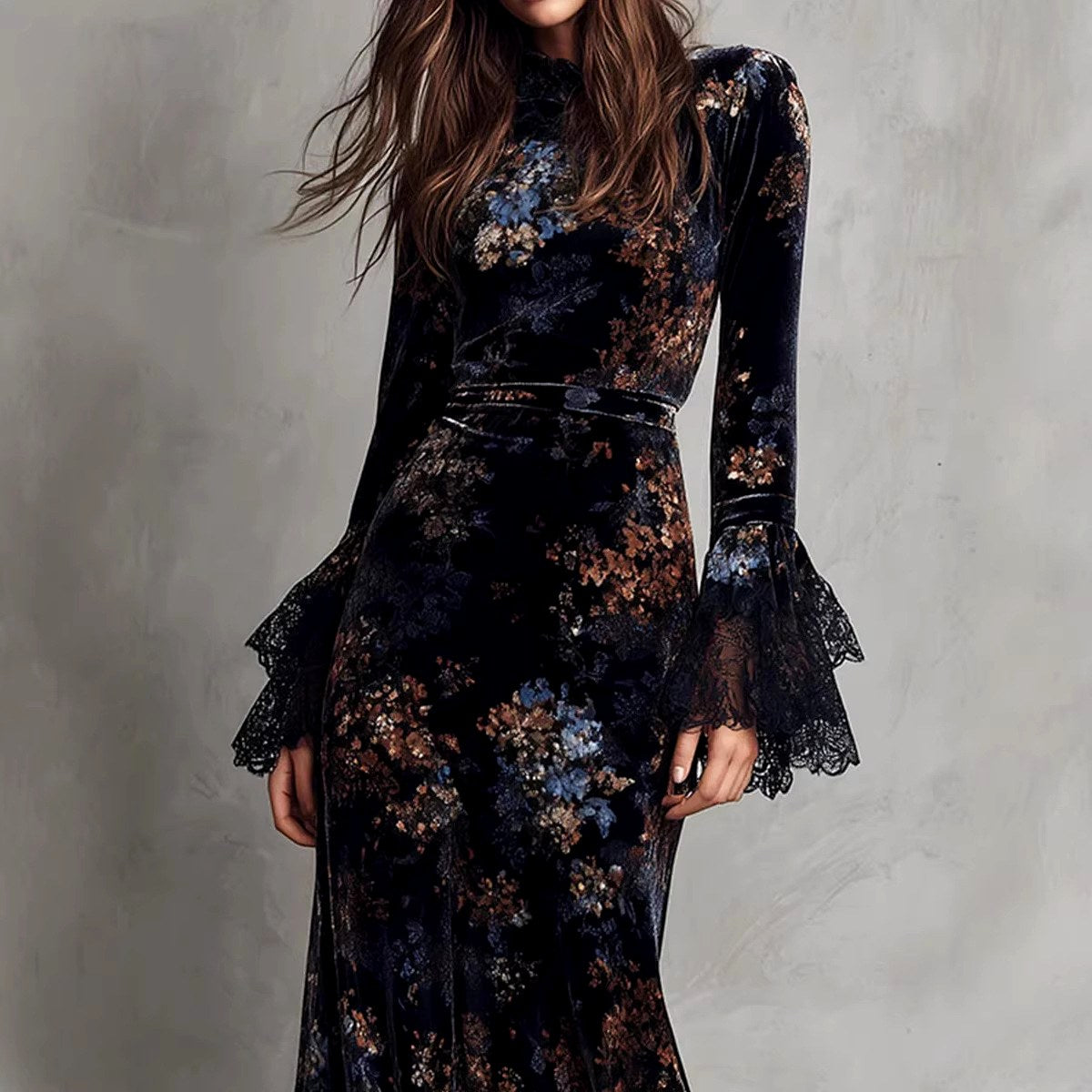 Carmel - Women's Floral Velvet Lace Sleeve Evening Dress 5