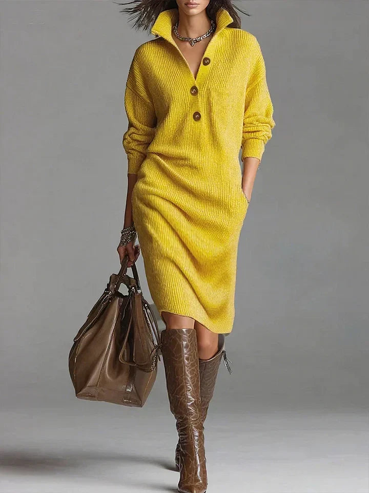 Carmel - Women's Ribbed Knit Button Neck Midi Dress