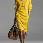 Carmel - Women's Ribbed Knit Button Neck Midi Dress