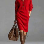 Carmel - Women's Ribbed Knit Button Neck Midi Dress