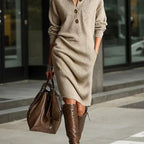 Carmel - Women's Ribbed Knit Button Neck Midi Dress