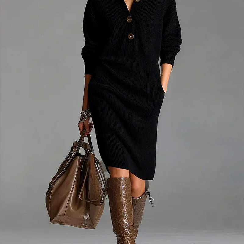 Carmel - Women's Ribbed Knit Button Neck Midi Dress