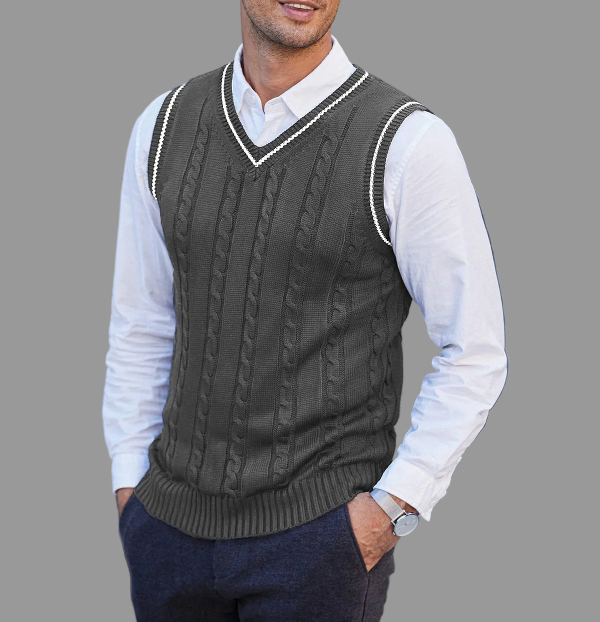 Casimir - Men's Cable Knit Vest with Contrast Stripe Trim