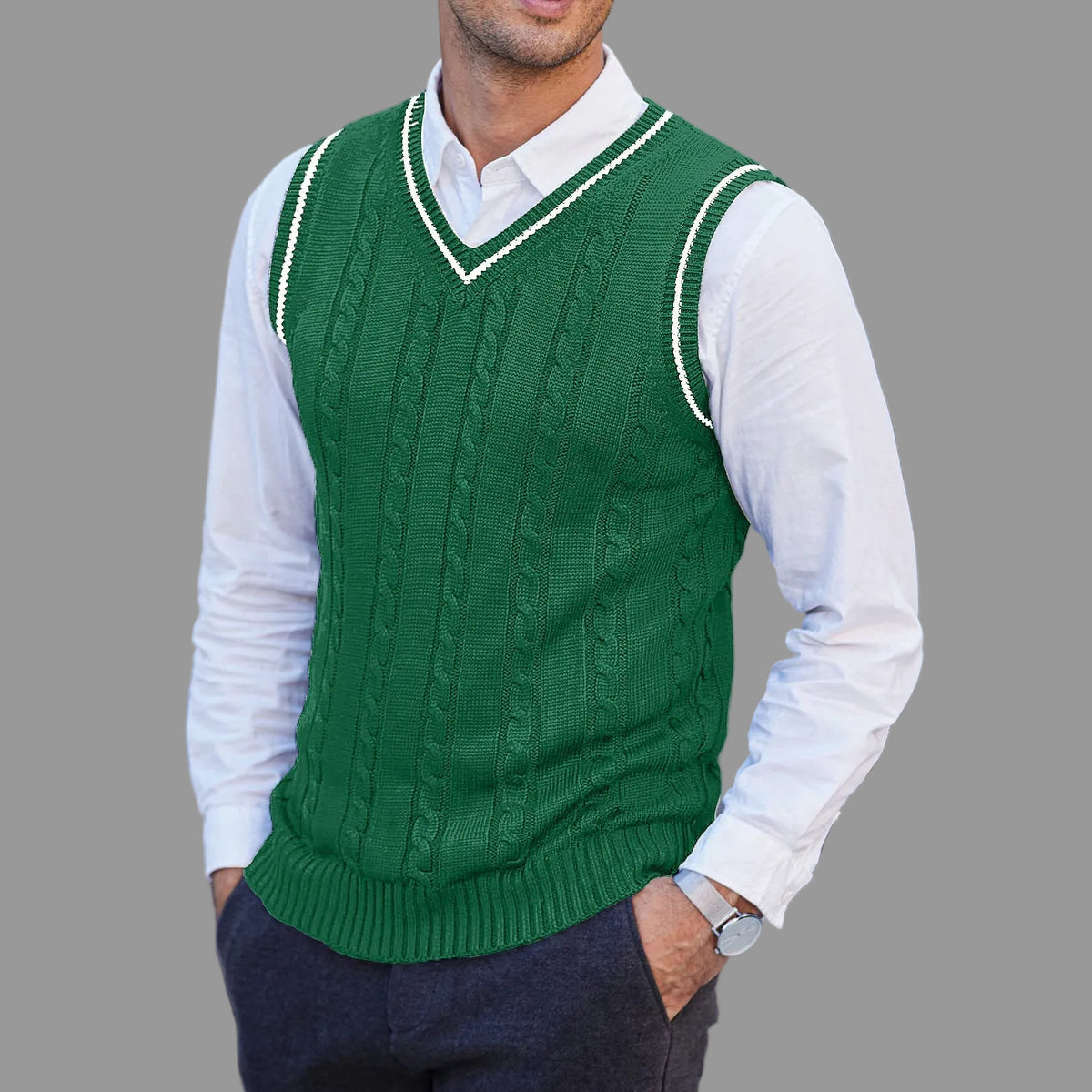 Casimir - Men's Cable Knit Vest with Contrast Stripe Trim