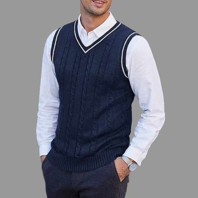 Casimir - Men's Cable Knit Vest with Contrast Stripe Trim
