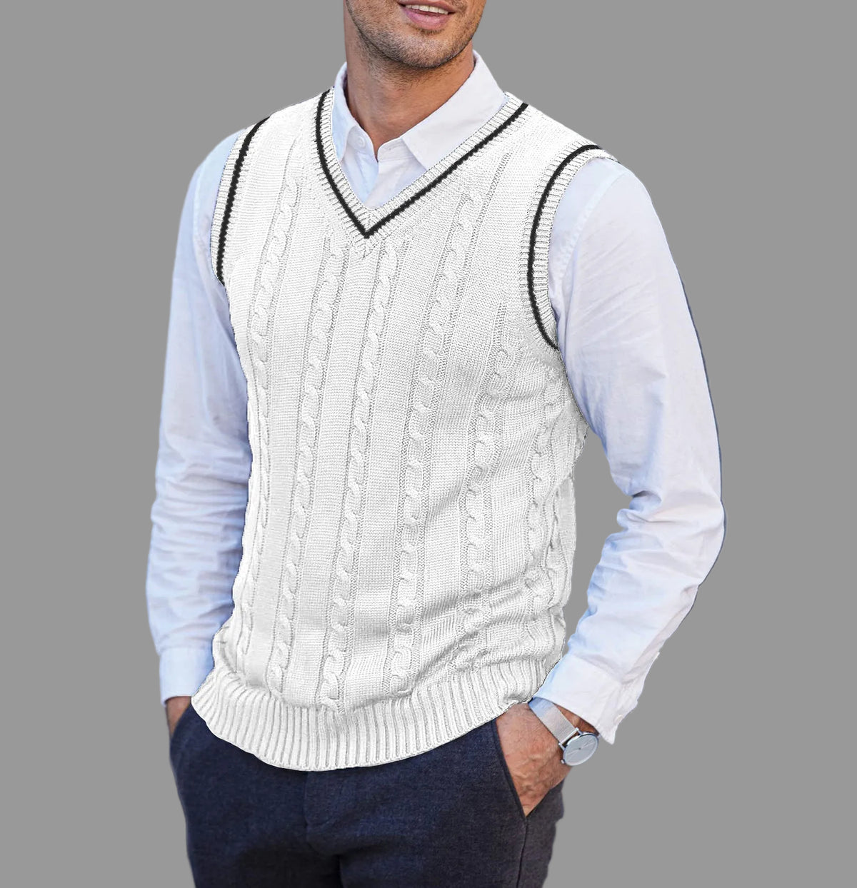 Casimir - Men's Cable Knit Vest with Contrast Stripe Trim