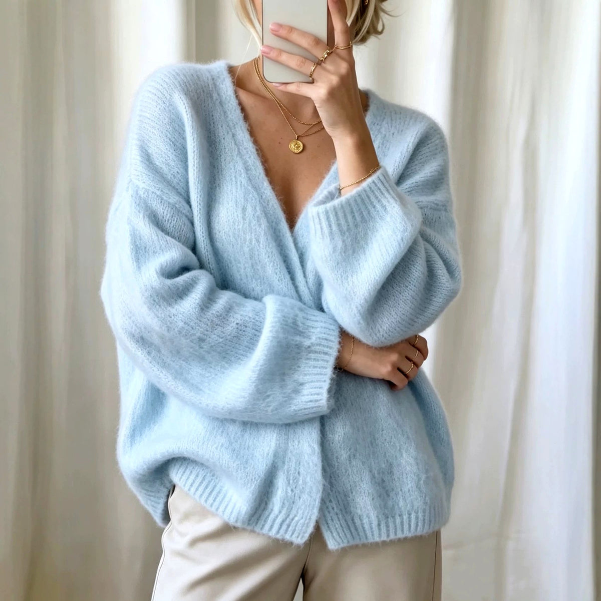 Claribel - Women's Fuzzy V-Neck Oversized Knit Cardigan 2