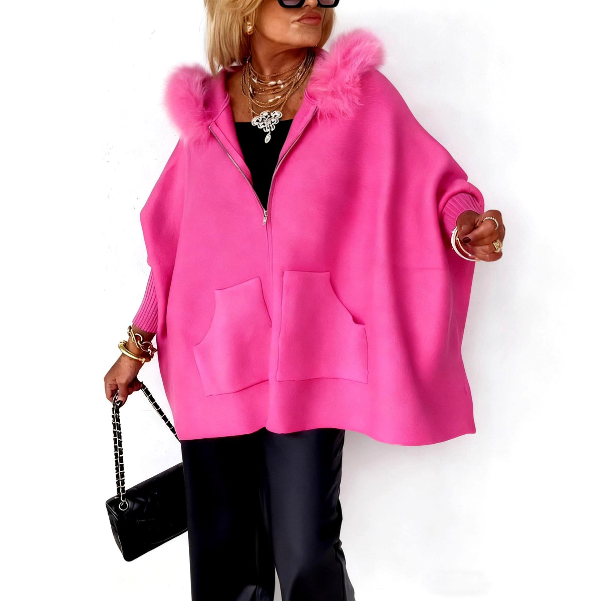 Colleen - Women's Faux Fur Collar Zip-Up Oversized Knit Cardigan 1