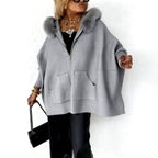 Colleen - Women's Faux Fur Collar Zip-Up Oversized Knit Cardigan 2