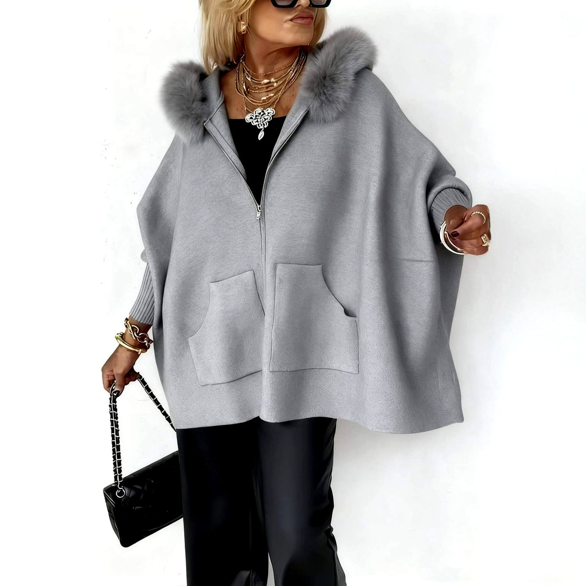 Colleen - Women's Faux Fur Collar Zip-Up Oversized Knit Cardigan 2