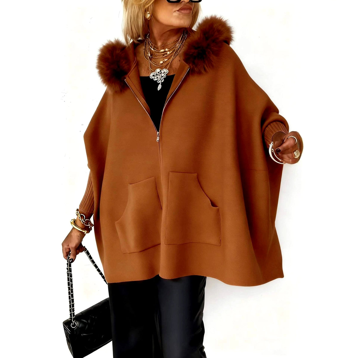 Colleen - Women's Faux Fur Collar Zip-Up Oversized Knit Cardigan 4