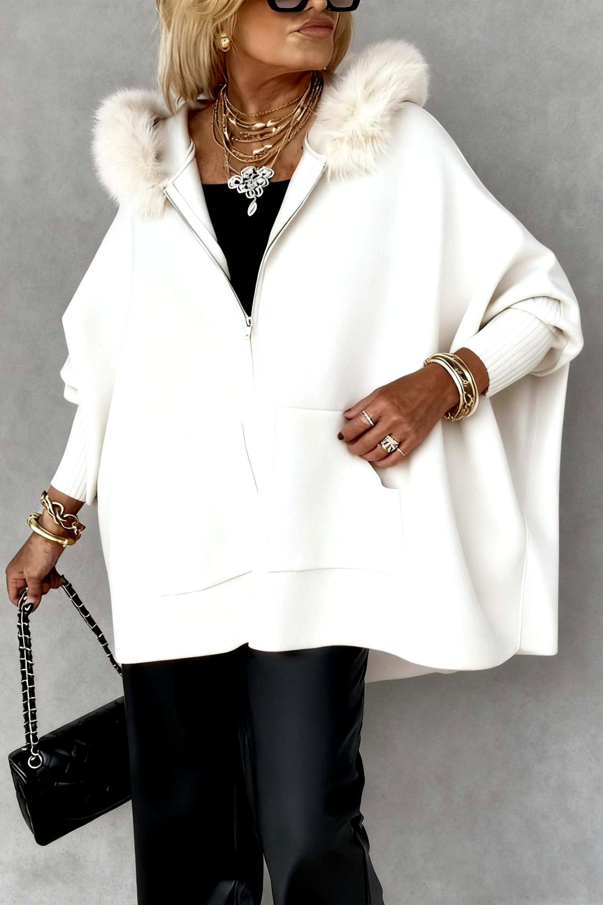 Colleen - Women's Faux Fur Collar Zip-Up Oversized Knit Cardigan 5