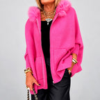 Colleen - Women's Faux Fur Collar Zip-Up Oversized Knit Cardigan 6