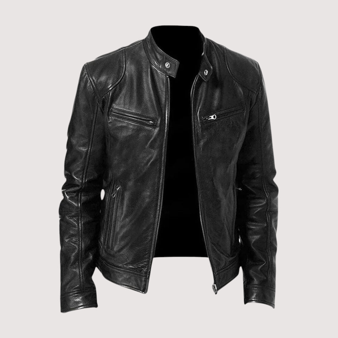 Conor - Men's Leather Biker Jacket with Snap Collar