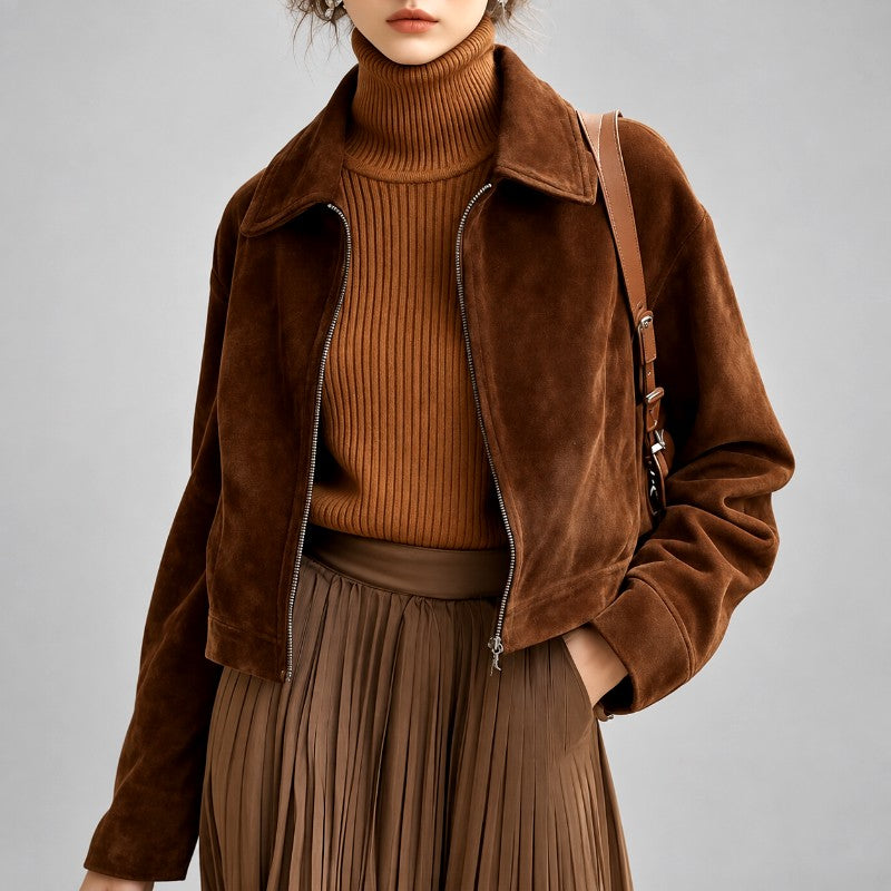 Courtney - Women's Faux Suede Zip-Front Cropped Jacket 1
