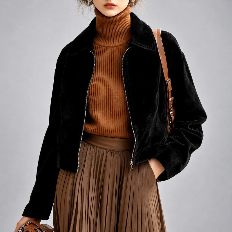 Courtney - Women's Faux Suede Zip-Front Cropped Jacket 2